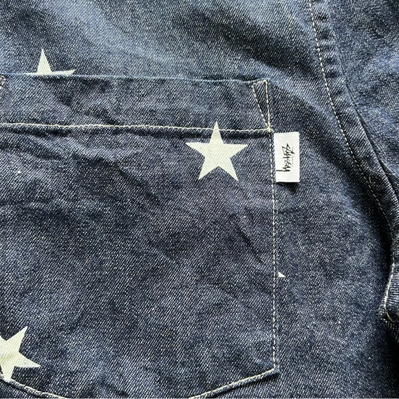Stussy big star AOP logo spellout button front denim chambray shirt medium - Picture 2 of 10